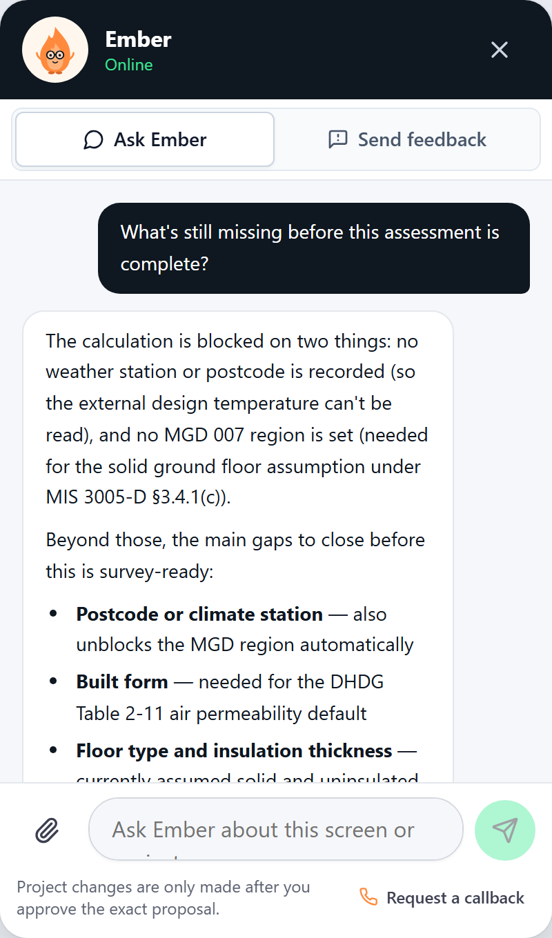 Ember naming the two inputs that block the heat loss calculation