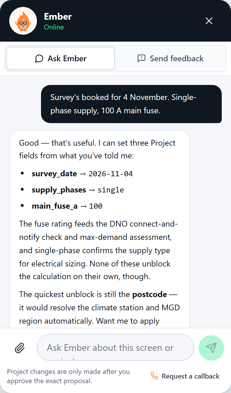 Ember proposing three job details from one message, waiting for approval