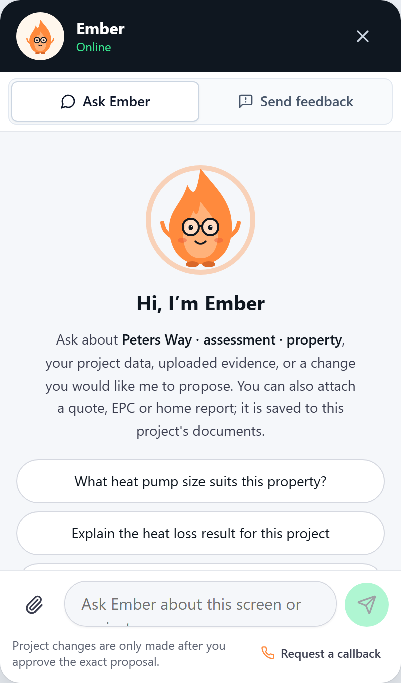 Ember open on a project, with suggested questions